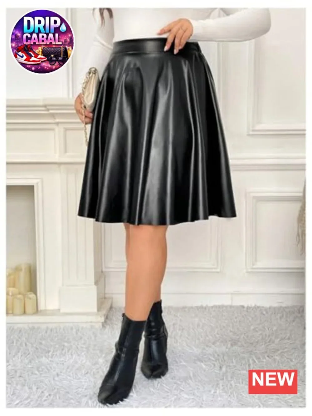 Women's Plus Size PU Leather Pleated Skater Skirt High Waist Knee Length